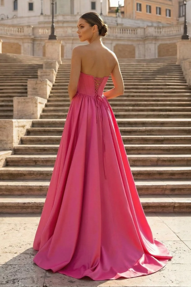 Hot Pink Strapless Lace-Up A-Line Long Formal Dress