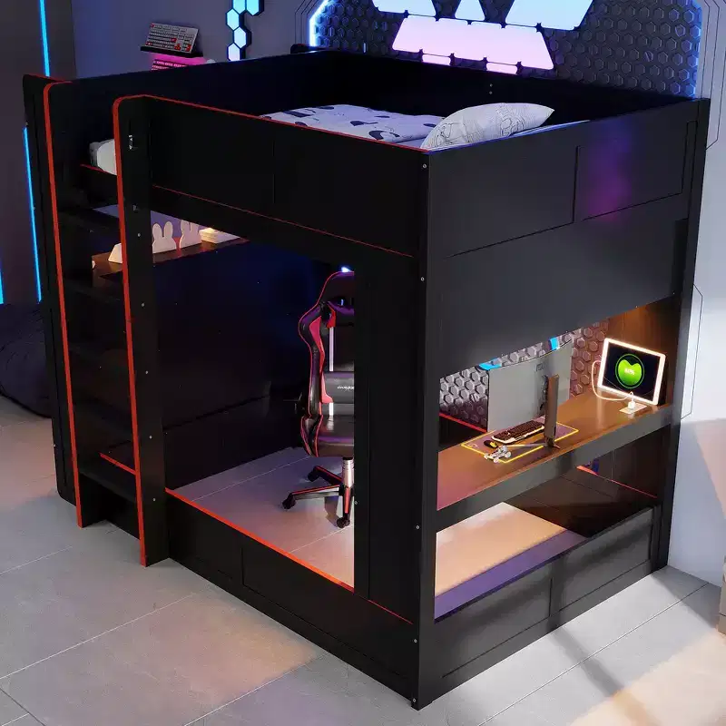 Whisen Full Wood Gaming Bunk Bed with Built-in Desk, Storage Shelves - Black