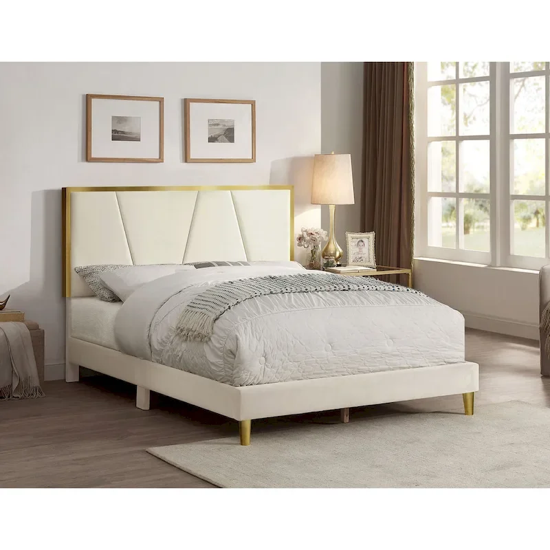 DH BASIC Glam Beige Fully Upholstered Platform Bed with Gold-tone Accents by Denhour