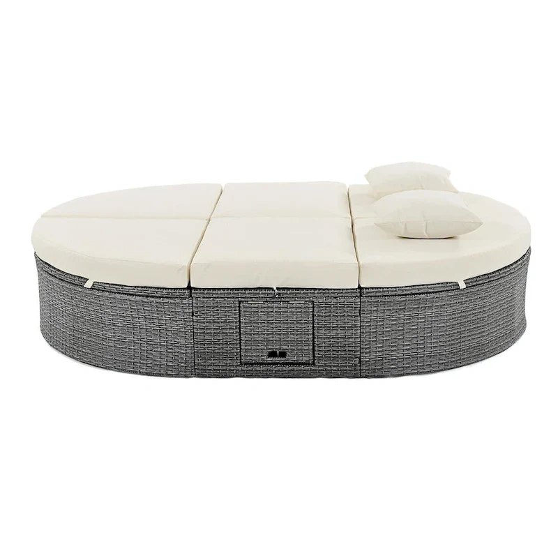 Rattan Patio Daybed with Cushions, Reclining Chaise Lounge, Foldable Trays