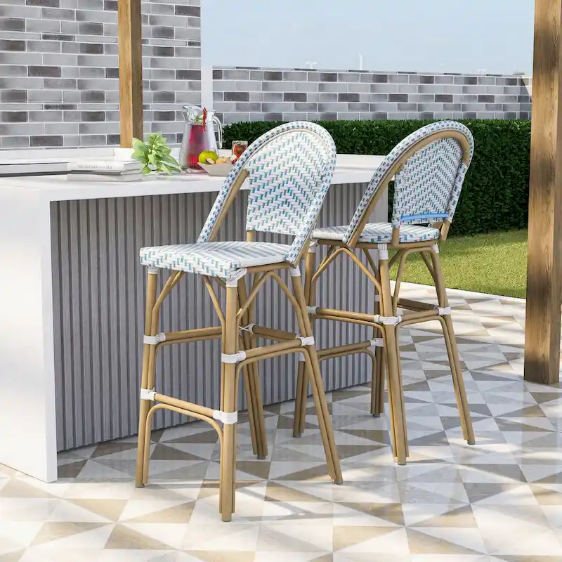 Ariel French Natural Tone 30-inch PE Wicker Patio Bar Chairs (Set of 2) by Furniture of America - Set of 2