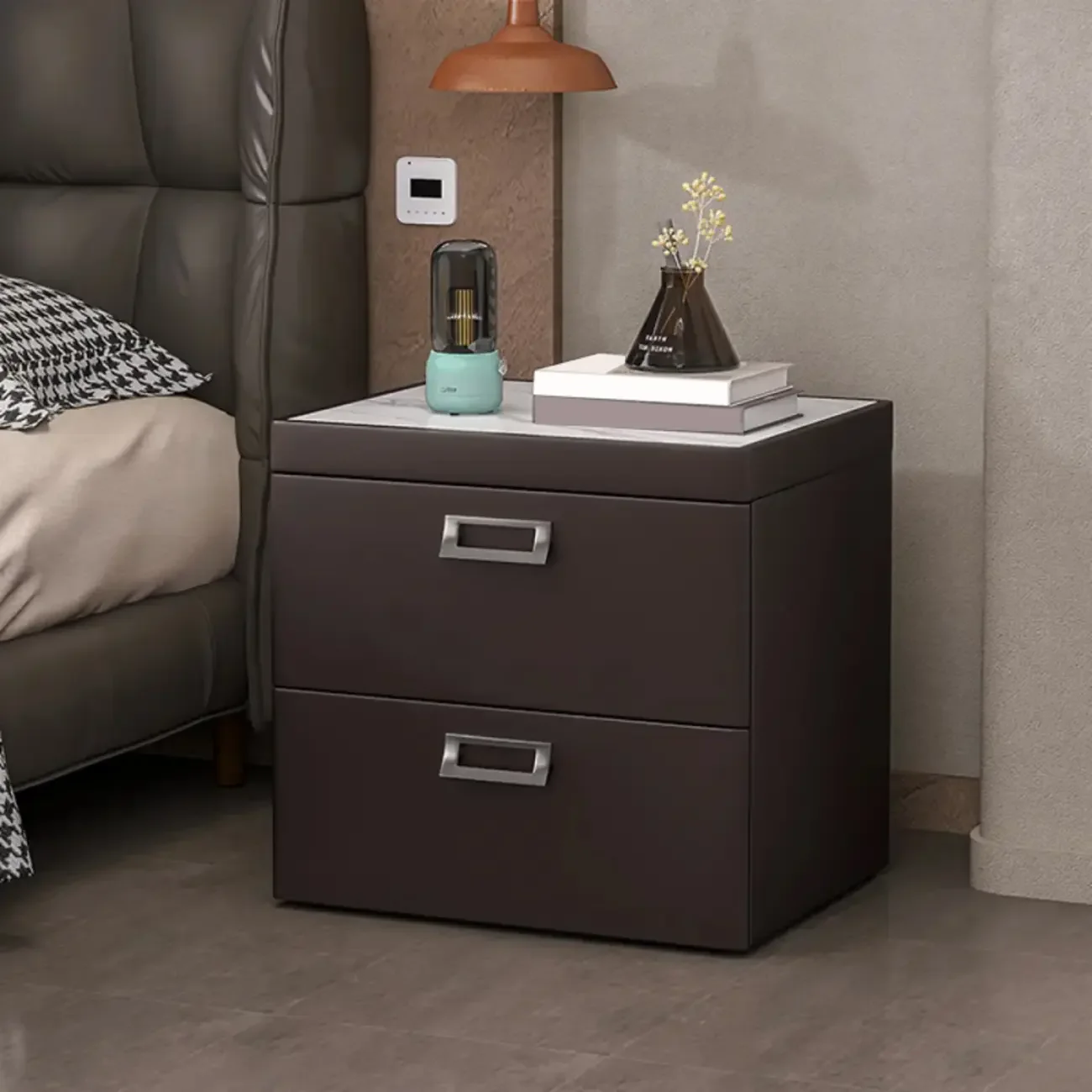 Modern Faux Leather 2 Drawers Nightstand with Stone Top