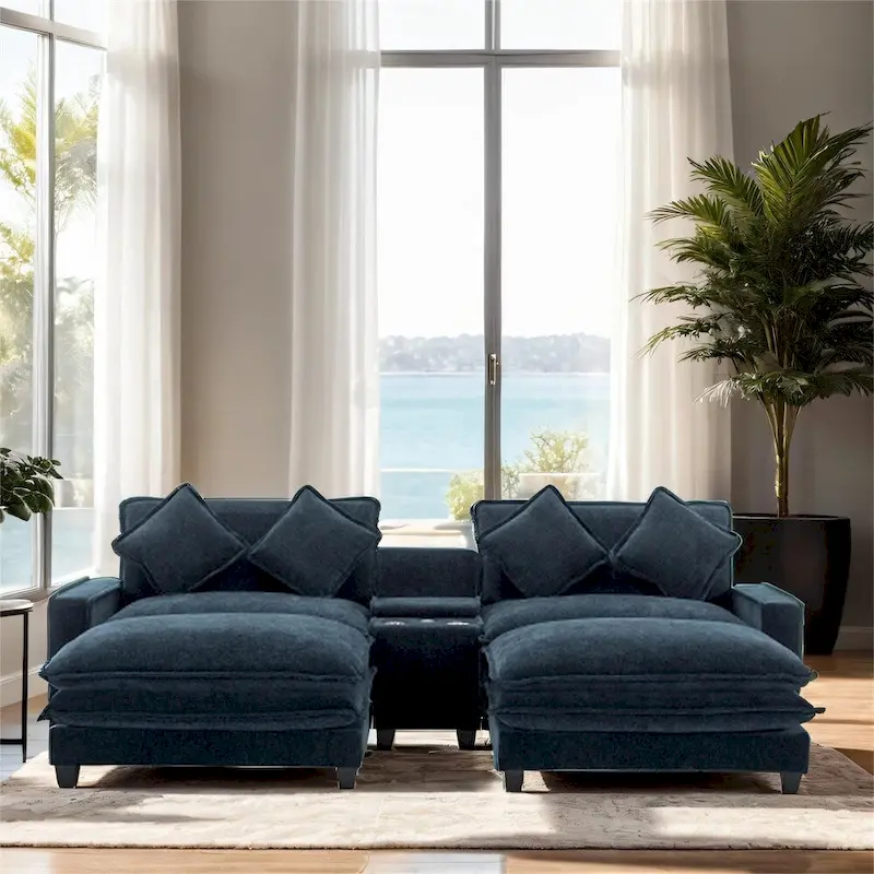 112.6 Chenille Upholstered Sectional Sofa with 2 Removable Ottoman