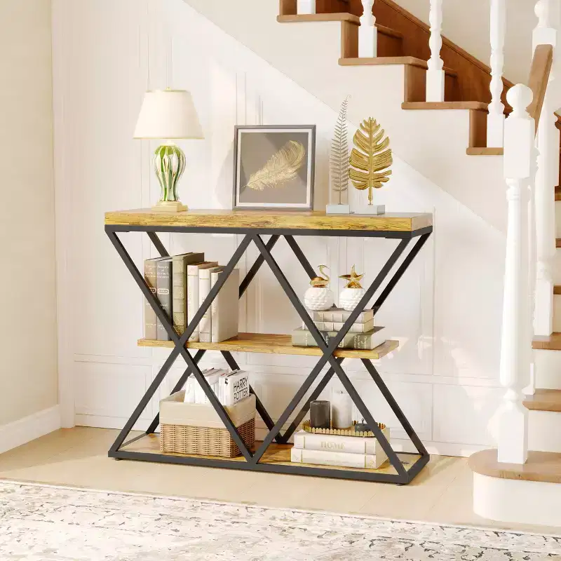 Shelf Console Sofa Table for Living Room, Storage Accent Table with Adjustable Feet