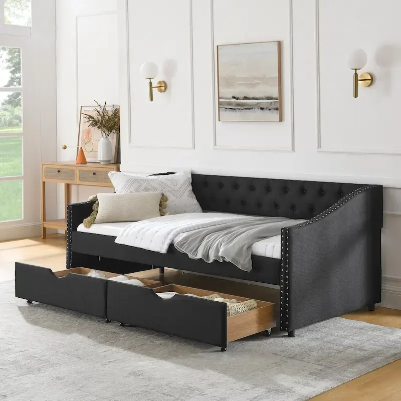 Twin Size Linen Upholstered Daybed Frame with 2 Drawers, Buttons Tufted Backrest, Copper Nail Decoration