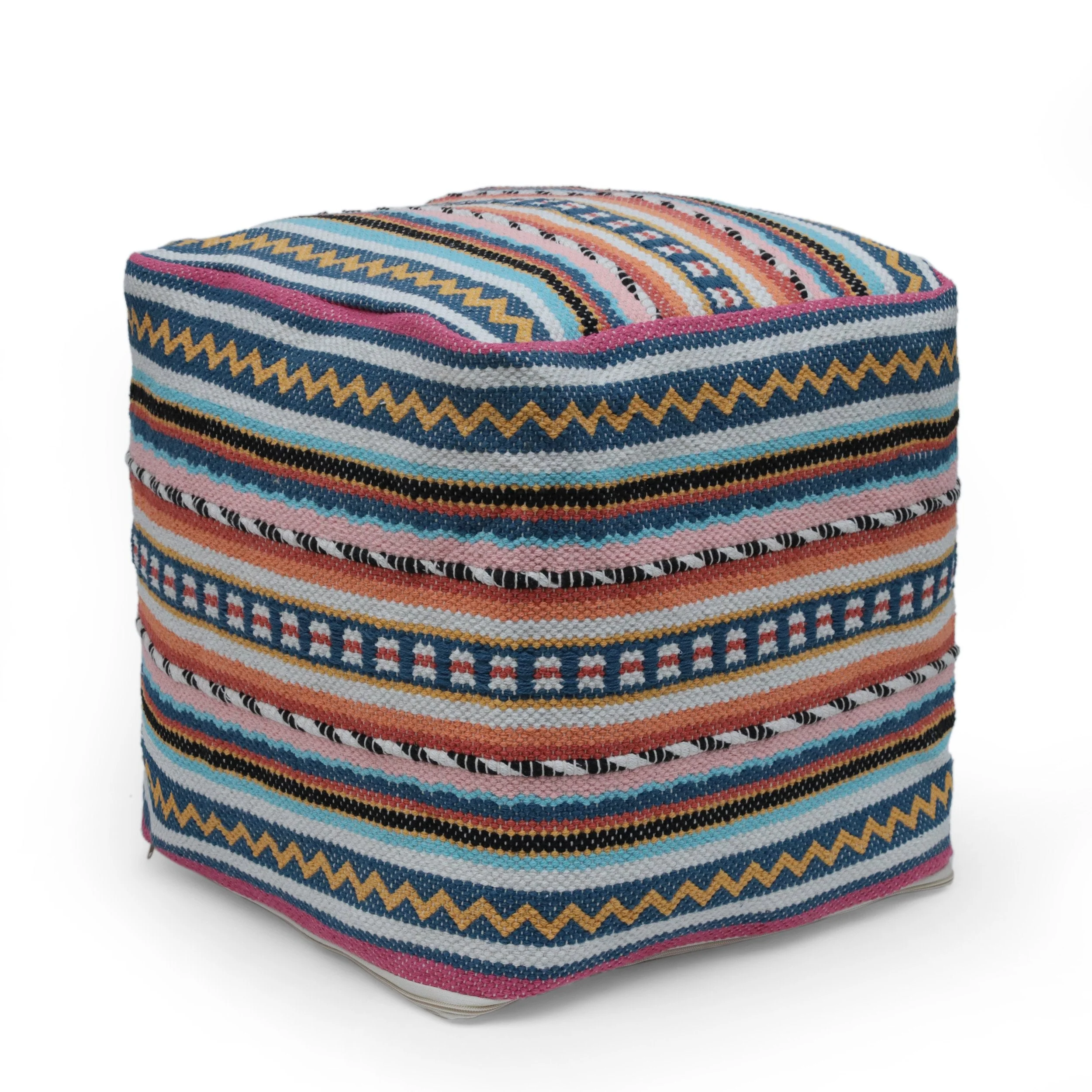 Boho Handcrafted Peruvian Print Cube Pouf - NH615413