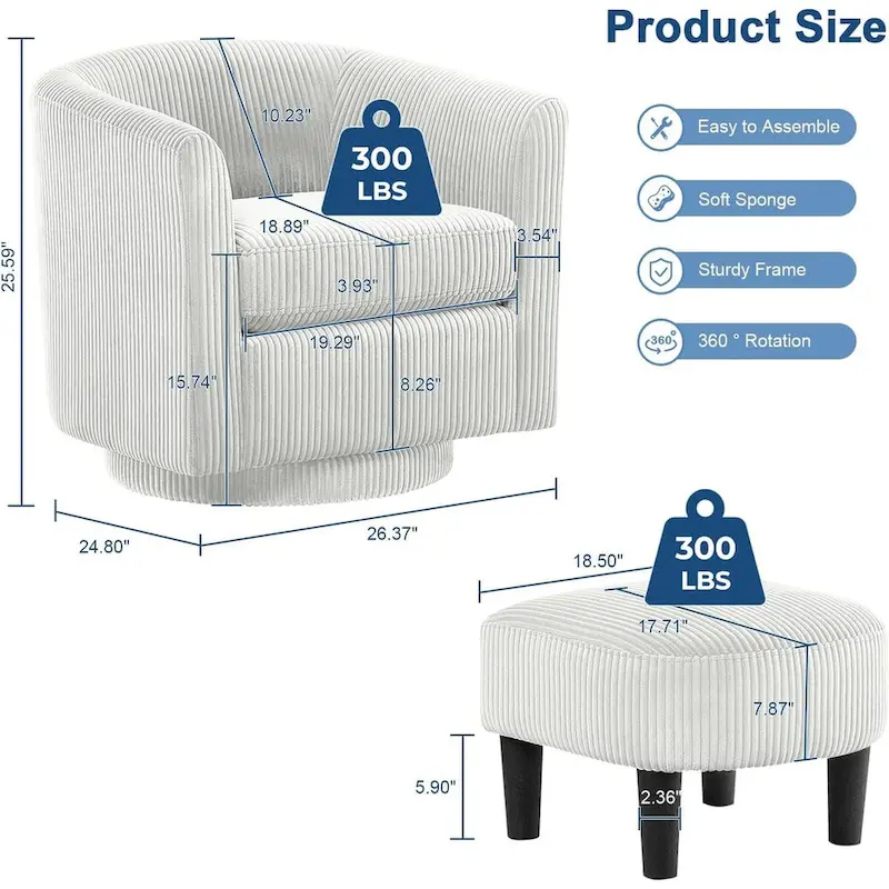 360 Swivel Accent Chair with Ottoman, Barrel Chair with Upholstered
