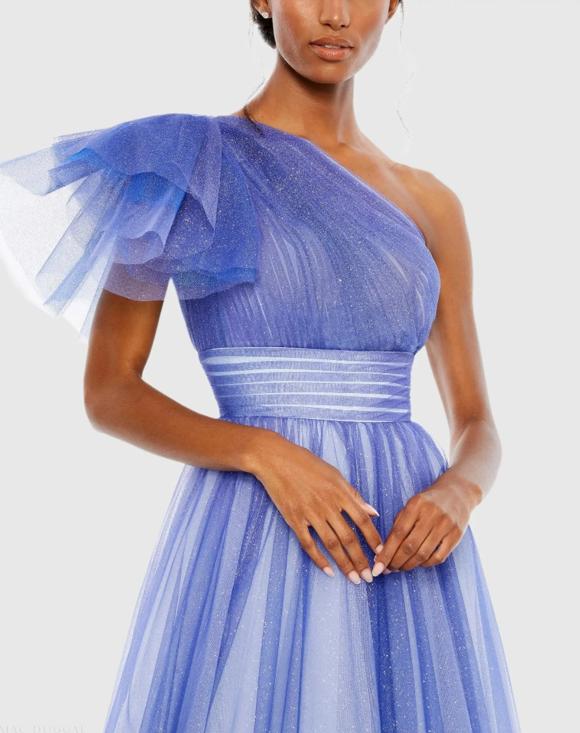 Blue Glitter Ombre Ruffled One Shoulder Ball Gown - FINAL SALE