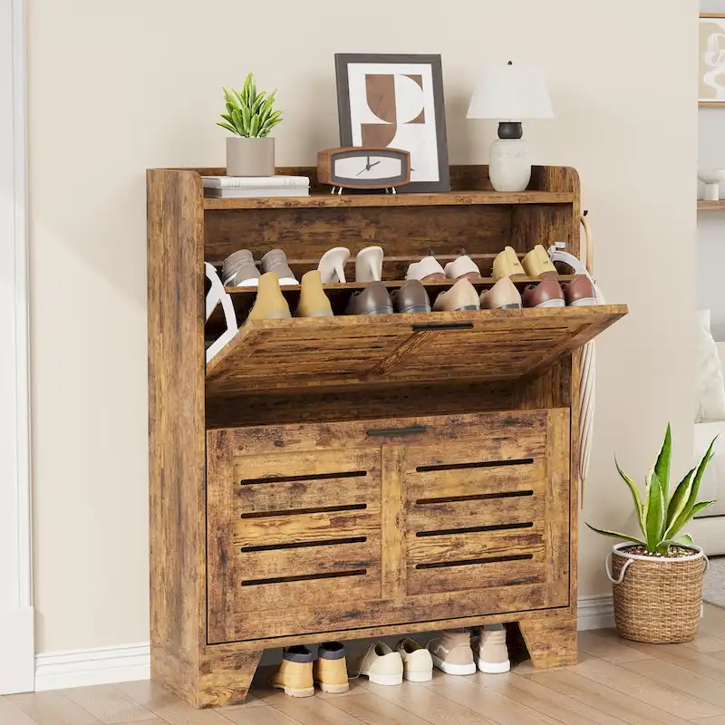 Shoe Cabinet Storage for Entryway, Narrow Shoe Cabinet with 2 Flip Drawers, Freestanding Hidden Shoe Organizer Cabinet