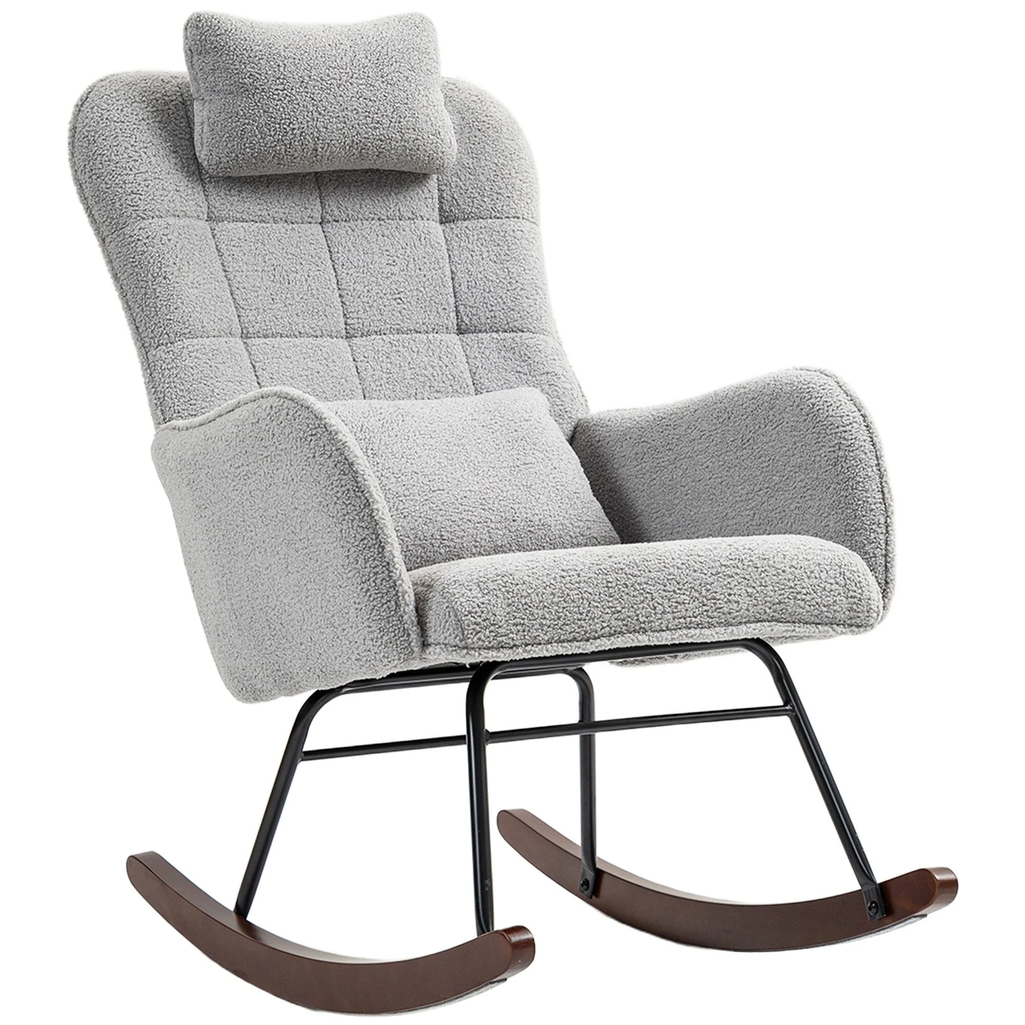 Modern Upholstered Rocking Nursery Glider Chair with High Backrest, Headrest and Lumbar Pillow for Living Room or Bedroom
