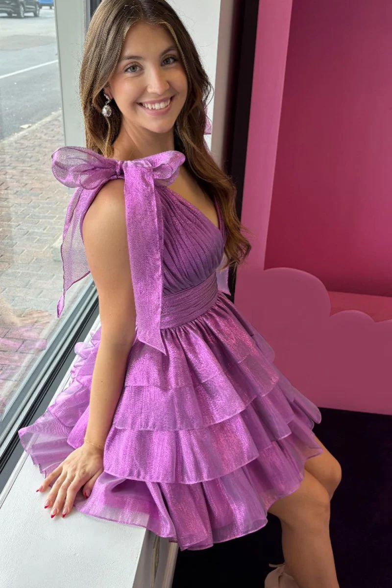 Trendy A-Line Tiered Homecoming Dress with Bow