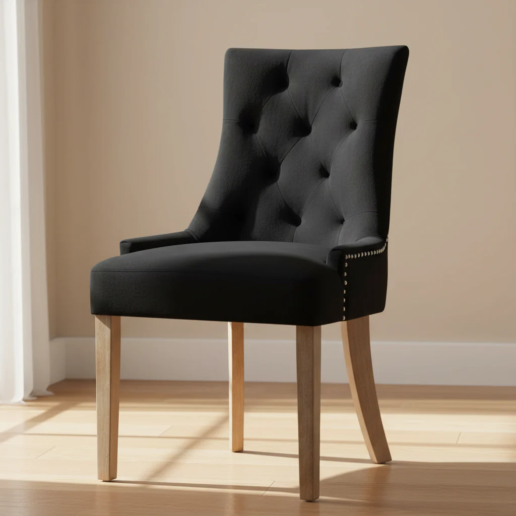 Black Tufted Velvet Upholstered Dining Chair with Nailhead Trim