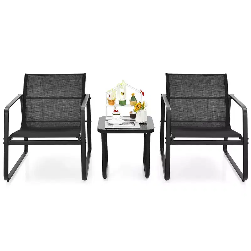 Costway 3PCS Patio Bistro Furniture Set Glass Top Table Garden Deck Black