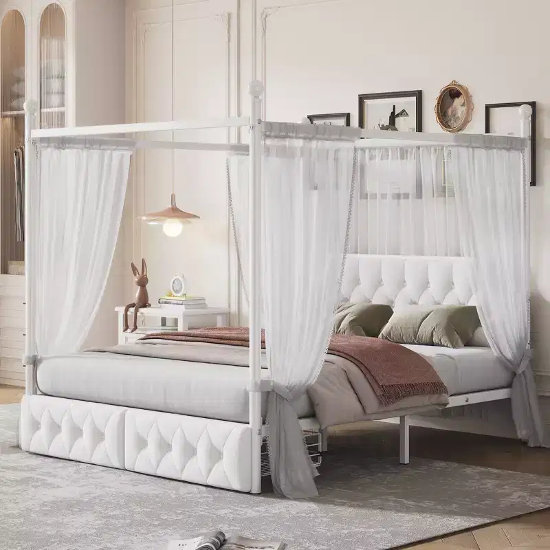GDFStudio Barger Queen Size Metal Canopy Platform Bed with Storage Drawers