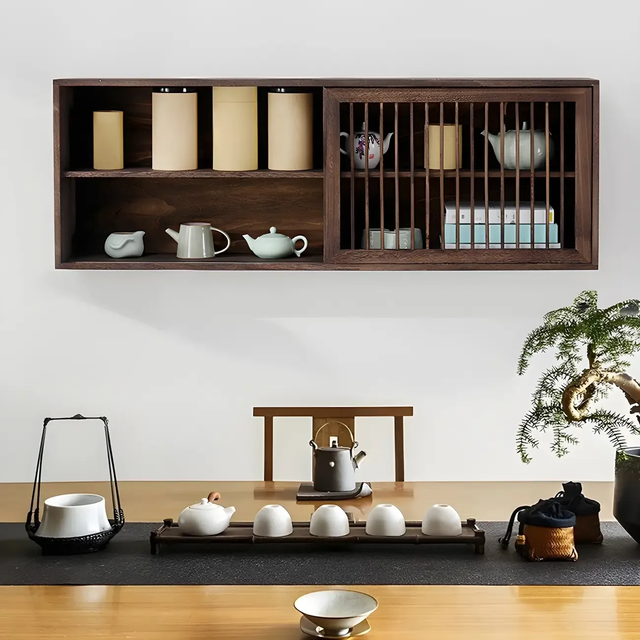 Short Wood Walnut 2-Shelf Wall-Mounted China Cabinet