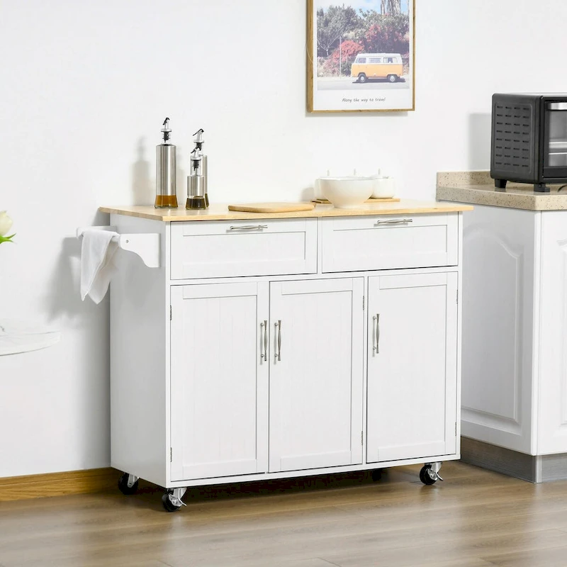 Mobile Kitchen Island with Wood Top, Drawers, Cabinets, Adjustable Shelves, and Towel Rack