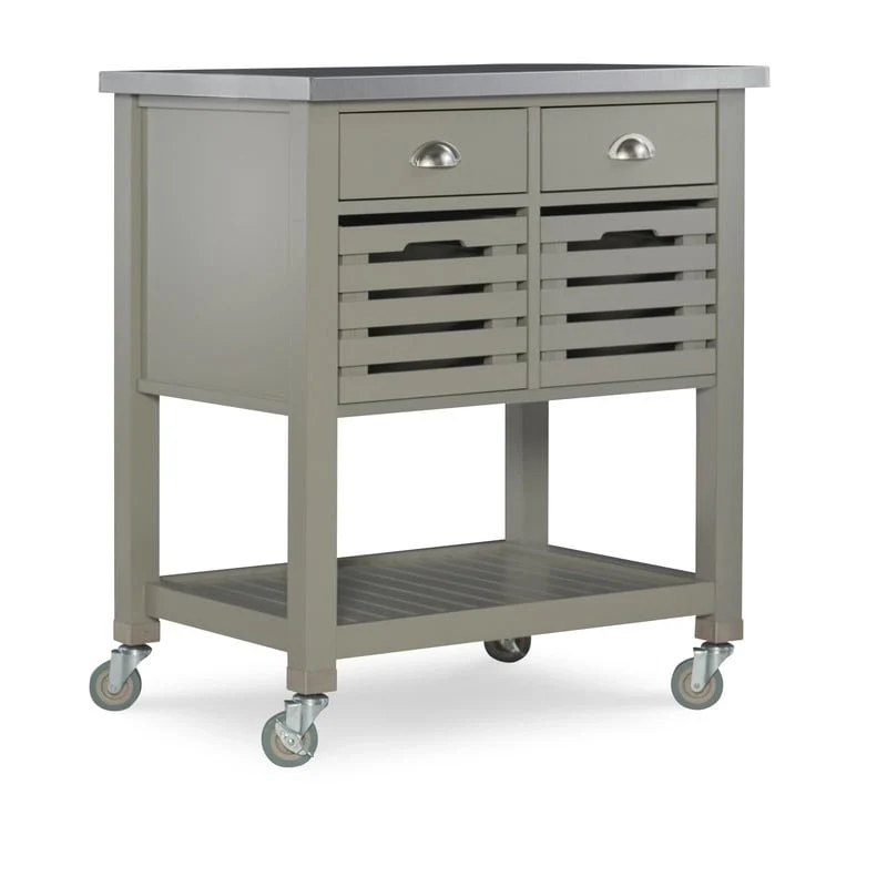 Rolling Kitchen Cart with Stainless Steel Top – Grey, 2 Drawers & Pull-Out Baskets