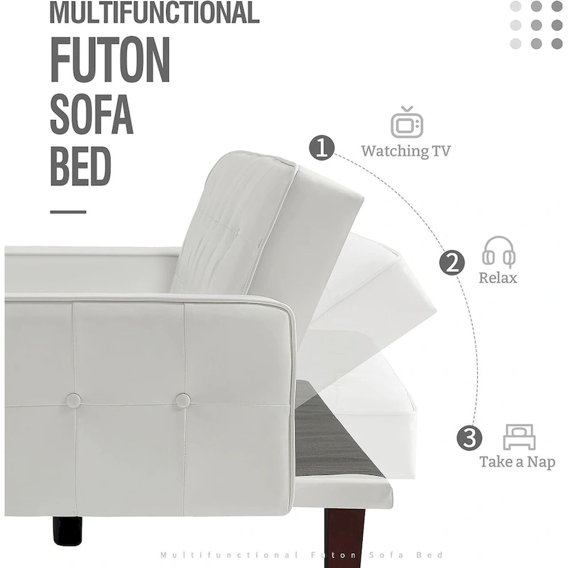 Faux Leather Futon Sofa Bed Sleeper Couch, Mid Century Button Tufted Upholstered Convertible Sofa Bed with Wooden Legs
