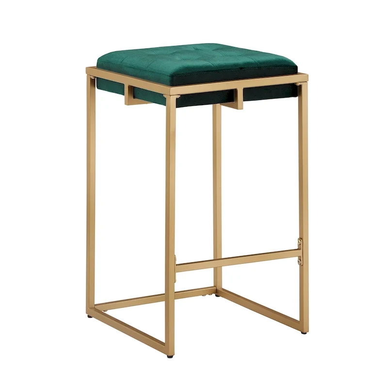 Backless Velvet Button-Tufted Bar Stool with Gold Metal Base & Footrest – Beige / Blue / Green, Counter / Bar Height