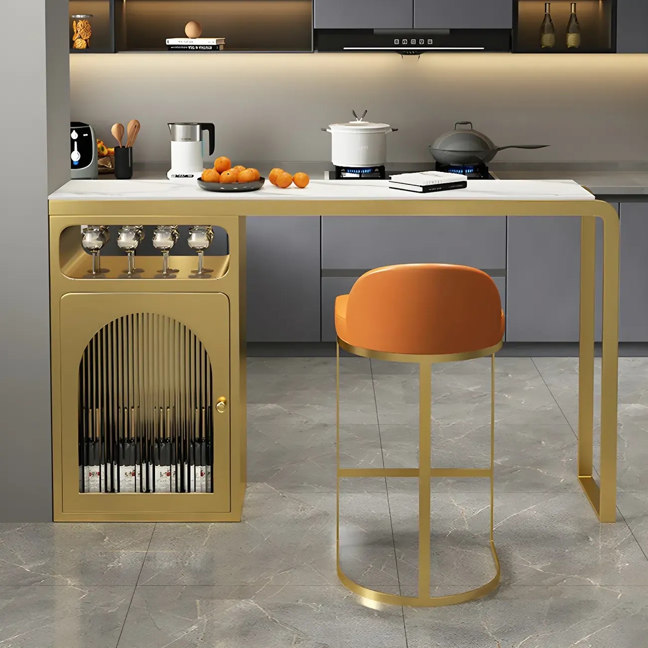 Modern White-Gold Stone Metal Wine Storage Kitchen Bar Tables