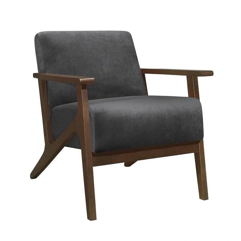 32 Inch Accent Armchair, Dark Gray Velvet, Walnut Brown Solid Wood