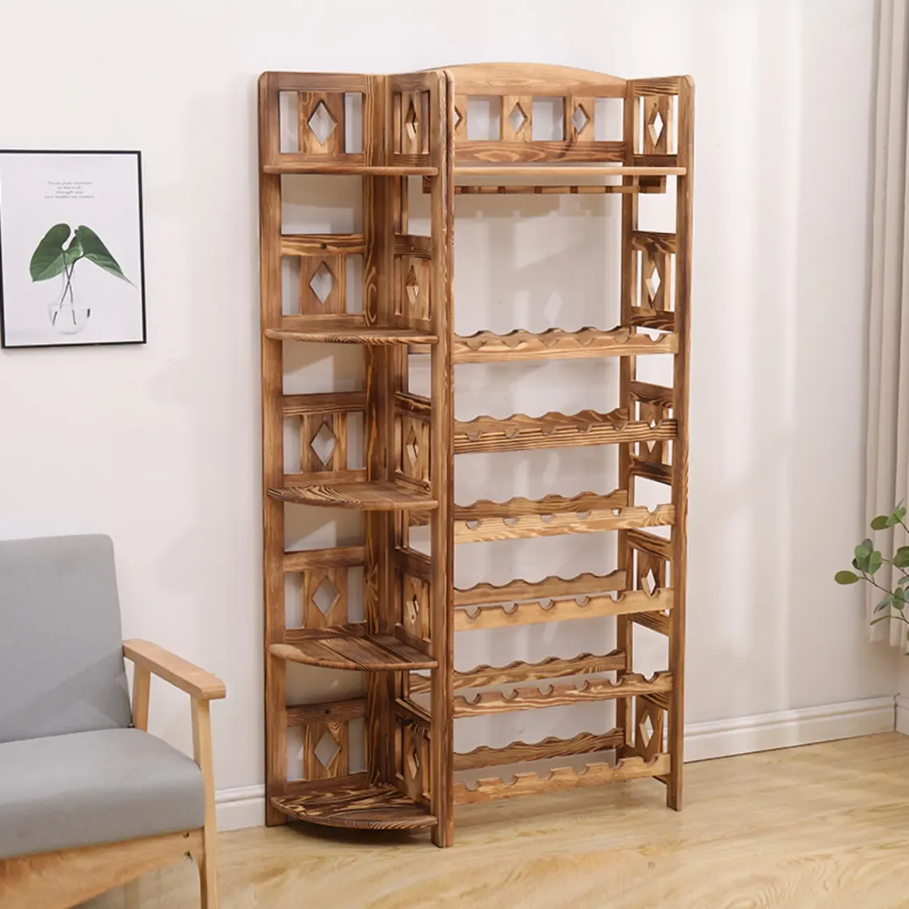 Free Standing Pine Wood Wine Racks with Bar Glass Holder Shelf