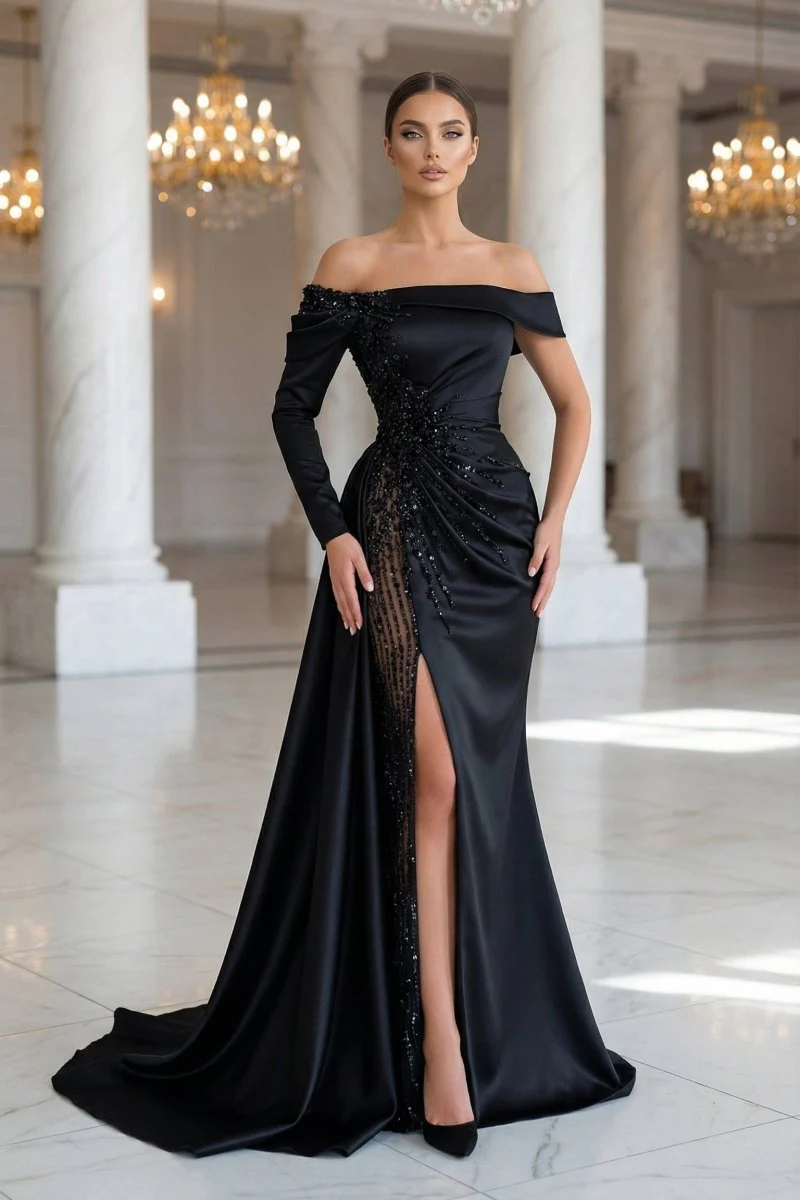 Sheath Off-The-Shoulder Long Sleeves Satin/Sequined Prom Dresses