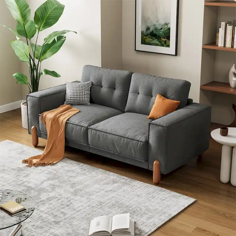 Modern Teddy Fabric Upholstered Sofa w/ Wood Legs and 2 Pillows