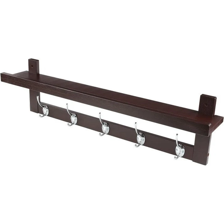 Coat Hooks Set of 4 with Shelf Wall-Mounted, Bamboo Hanging Shelf with 5 Double Metal Hooks (Dark Brown)