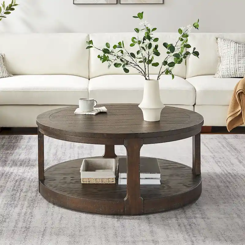 40 Modern 2-Tier Round Coffee Table with Wood Grain Top and 4 Wheels at the Bottom, Suitable for Living Room, Bedroom, Office