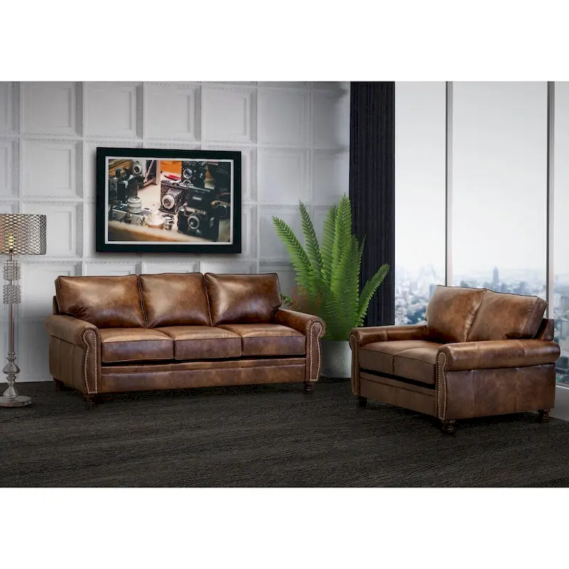 Made in USA Cabot Brown Top Grain Leather Sofa and Loveseat Set