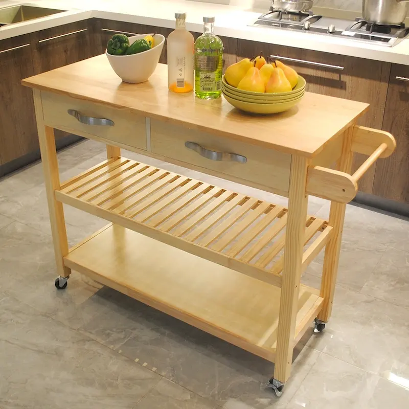 Kitchen Island & Kitchen Cart, Mobile Kitchen Island with Two Lockable Wheels, Rubber Wood Top, Simple Design