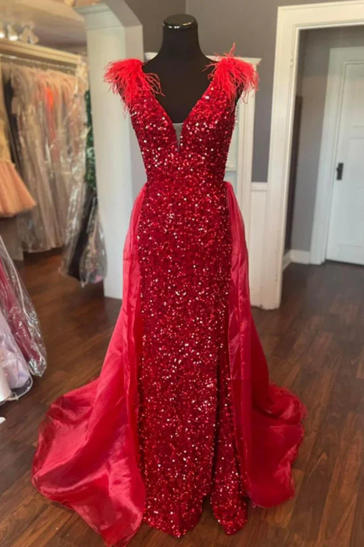 V-Neck Red Sequin Feathers Long Prom Dress with Cape