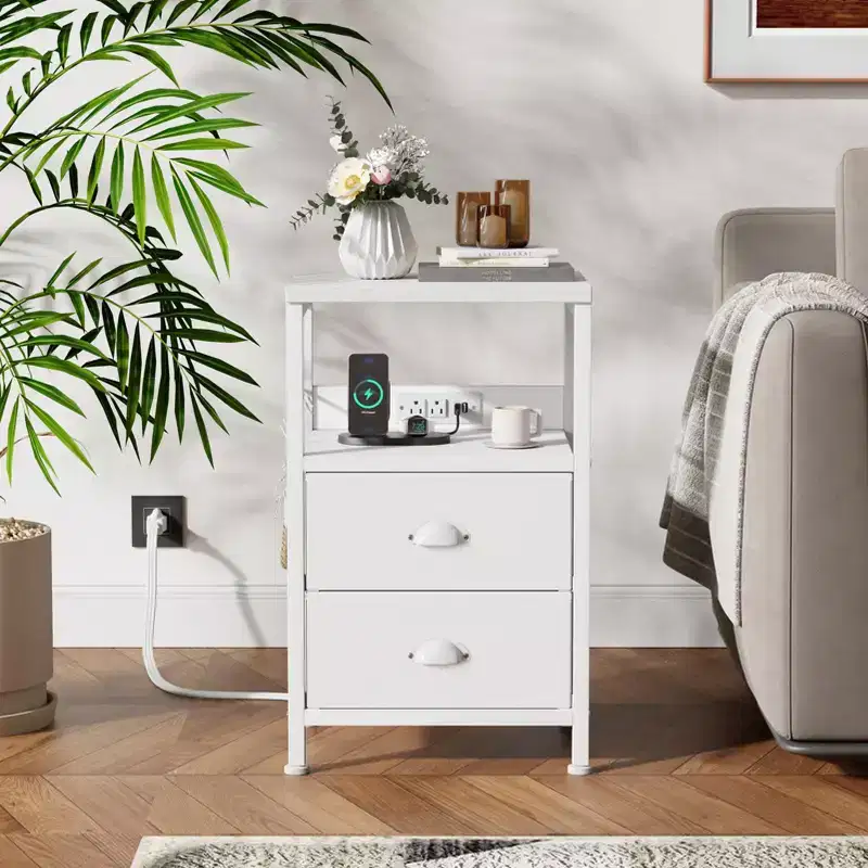 Set of 2 Nightstands with Charging Station and USB Ports Modern Bedside Side Tables with 2 Fabric Drawers and Storage Shelves End Tables Bedroom White