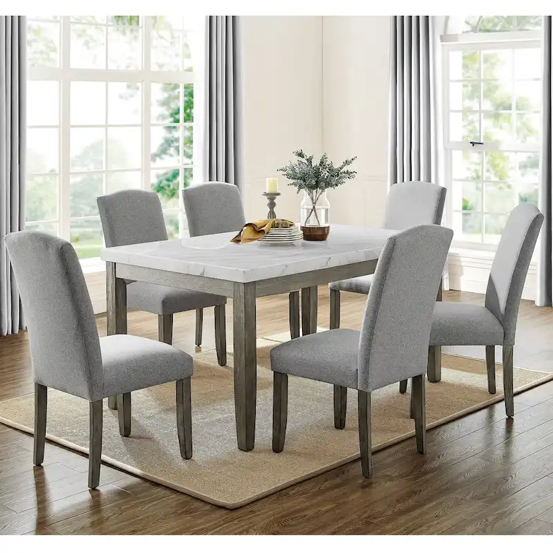 7-Piece Dining Set with Marble Veneer Top and Upholstered Chairs