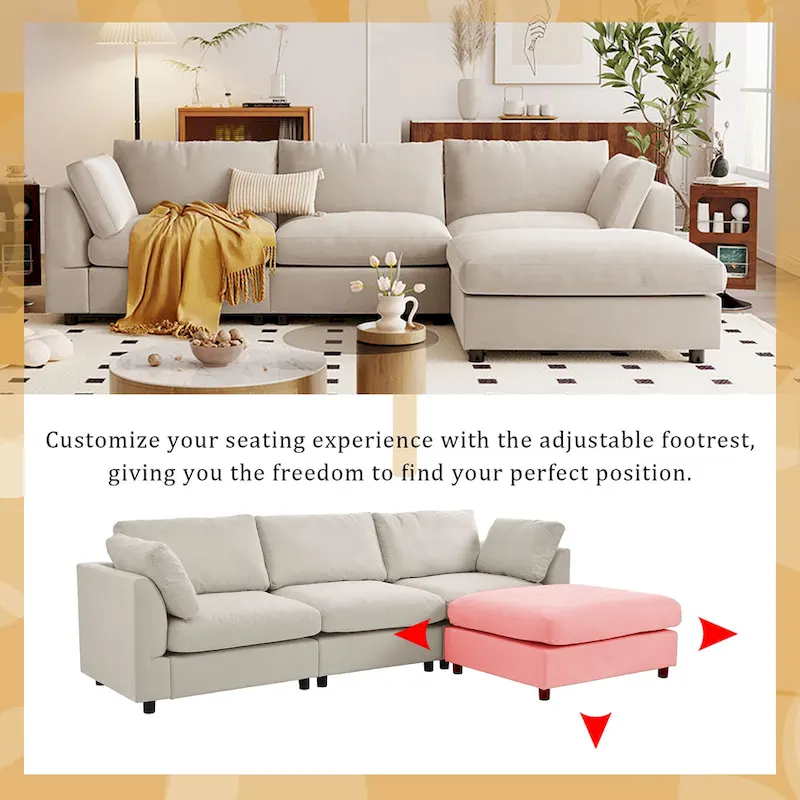 Beige 113 L-Shaped 4-Seat Sectional Sofa with Adjustable Footrest and Reversible Chaise
