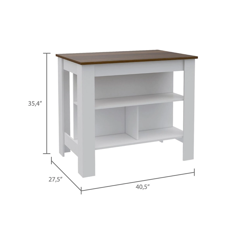 Open Kitchen Island,4 Legs, Three Shelves -White / Walnut