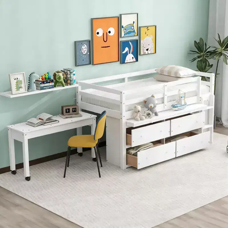 Luxystar Low Loft Bed with Desk, 4 Drawers and Bookcase