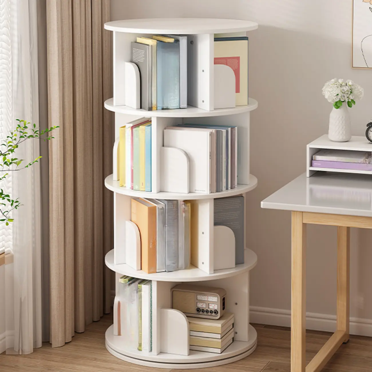 Brown Cylindrical Wooden Rotating Open-Back Bookcase