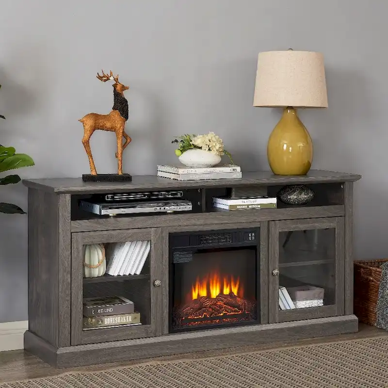 60-Inch TV Media Stand with 18-Inch Electric Fireplace Insert – Fits TVs Up to 65