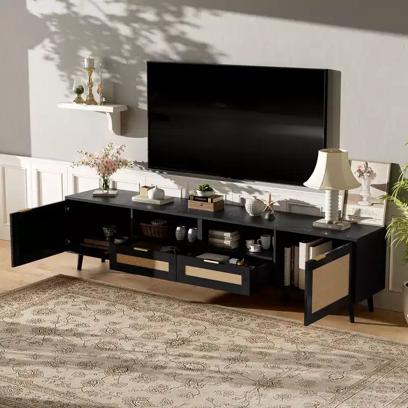 JVNOXK Rattan TV Stand for TVs up to 85'', Modern Farmhouse Media Console, Entertainment Center with Solid Wood Legs,for Living Room