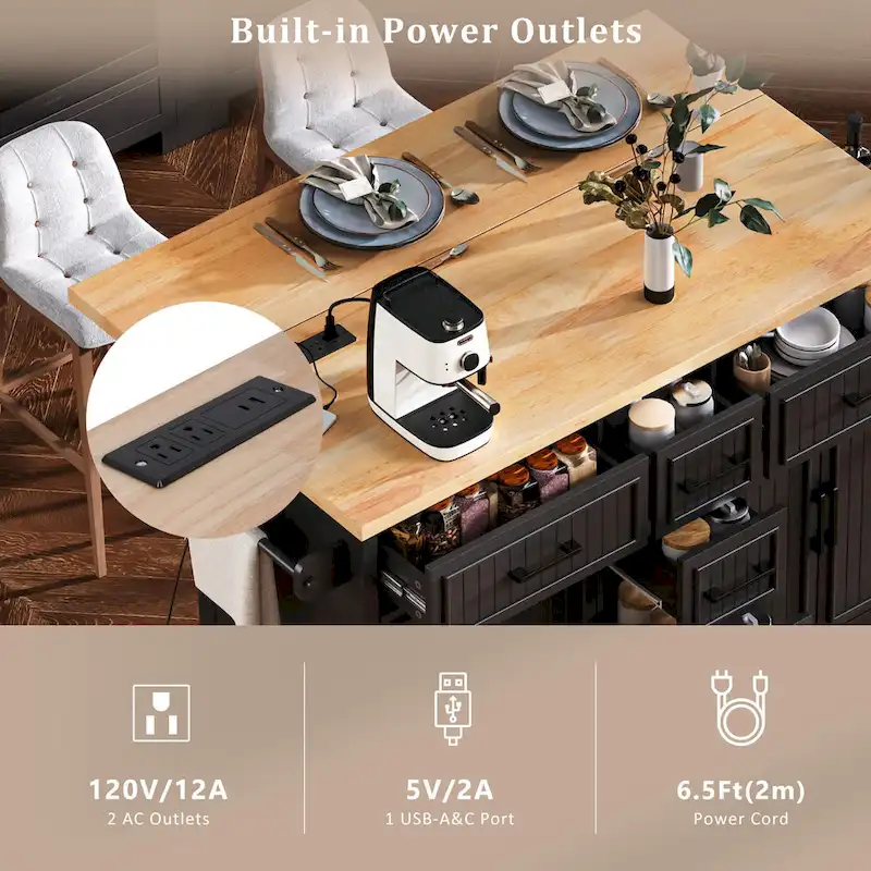 56.5 Kitchen Island with Drop Leaf and Charging Station, Rolling Kitchen Cart on Wheels with Drawers and Adjustable Shelves