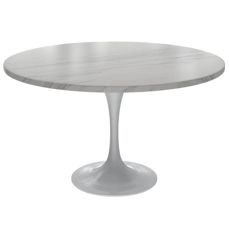 LeisureMod Verve 48 Round Dining Table with Stone TableTop and White Steel Base for Kitchen & Dining Room