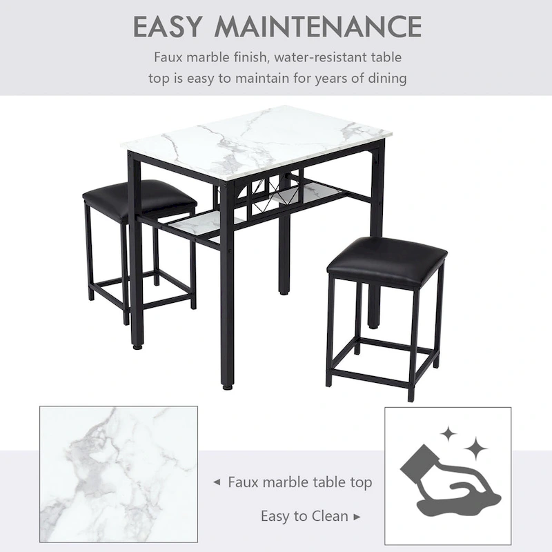 3 Piece Dining Room Table Set, Counter Height Dining Set Faux Marble Table w/ Wine Rack 2 Chairs Kitchen