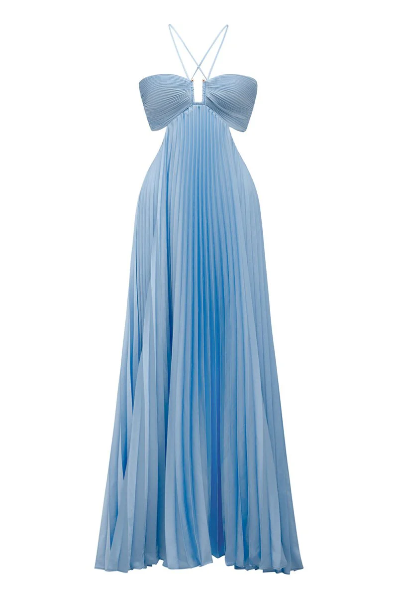 Sky Blue Halter Pleated Satin A Line Prom Dresses With Cutout
