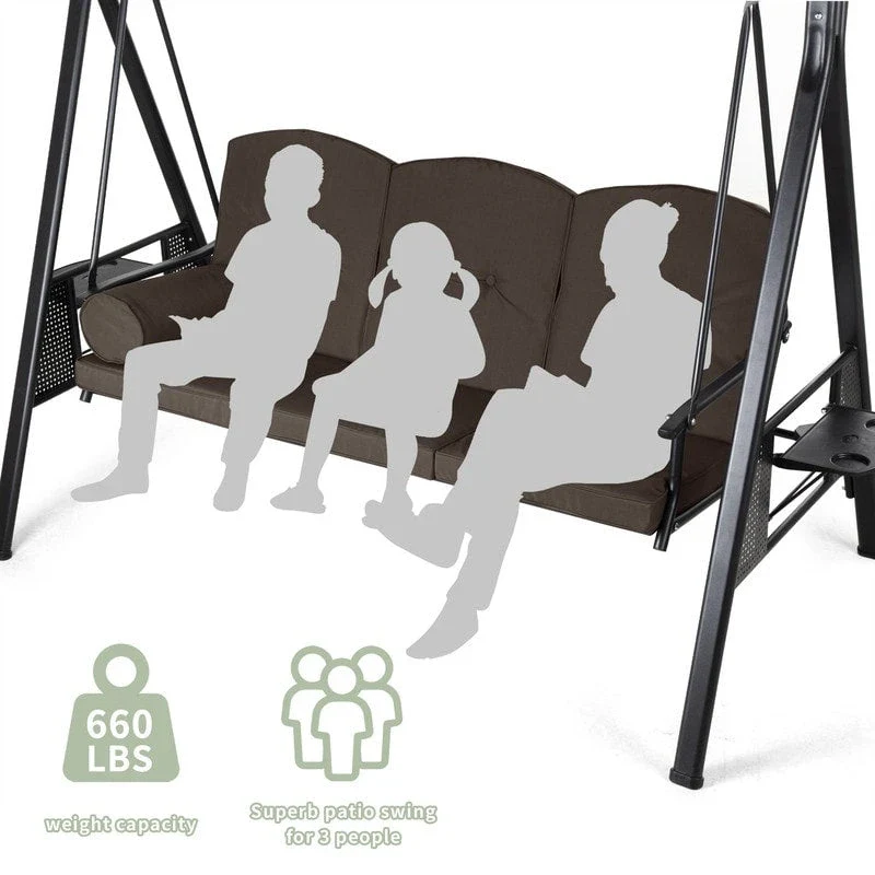 3-Person Metal Patio Swing with Canopy and Cushions - N/A
