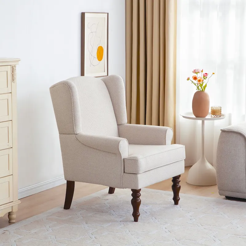 Upholstered Polyester Accent Armchair with Spiral Wood Legs and High-Resilient Cushion