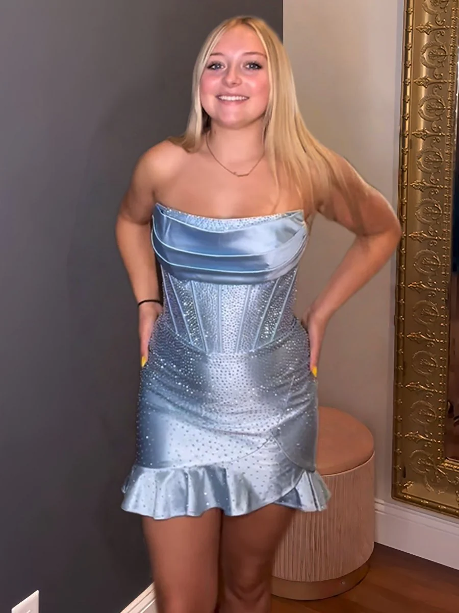 Sky Blue - Strapless Bodycon Satin Pleated Homecoming Dresses With Beading