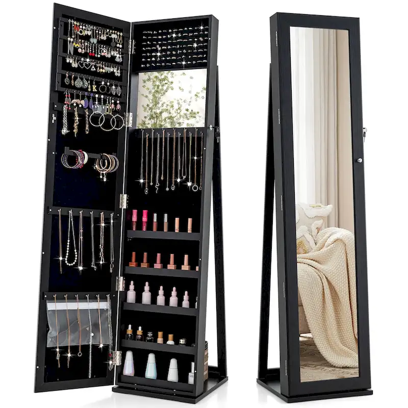Costway Mirrored Jewelry Cabinet Armoire Lockable Standing Storage - Black - See Details