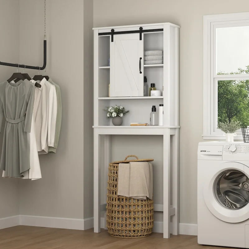Over-the-Toilet Storage Cabinet, Space-Saving Bathroom Cabinet, with Adjustable Shelves and A Barn Door 27.16 x 9.06 x 67 inch